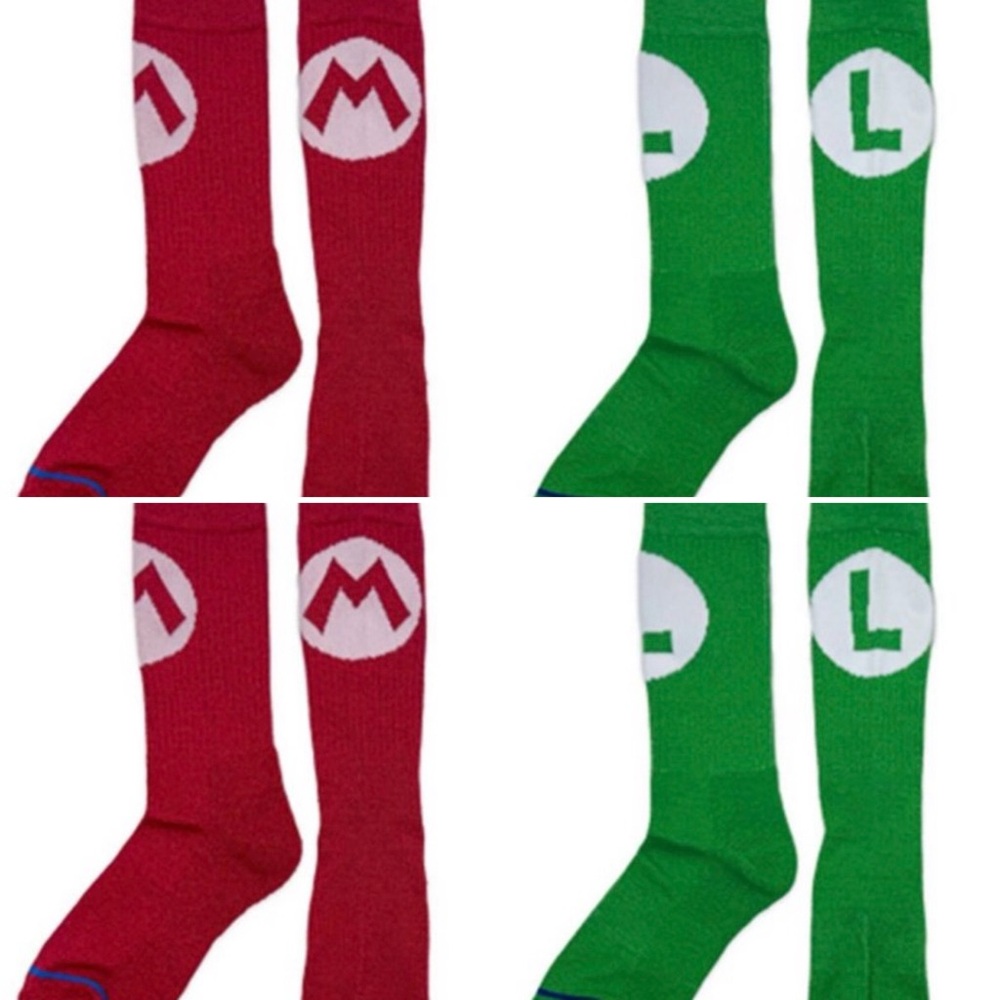 Two 2-Packs of Nintendo World Licensed Red Mario and GreenLuigi Crew Socks - Men
